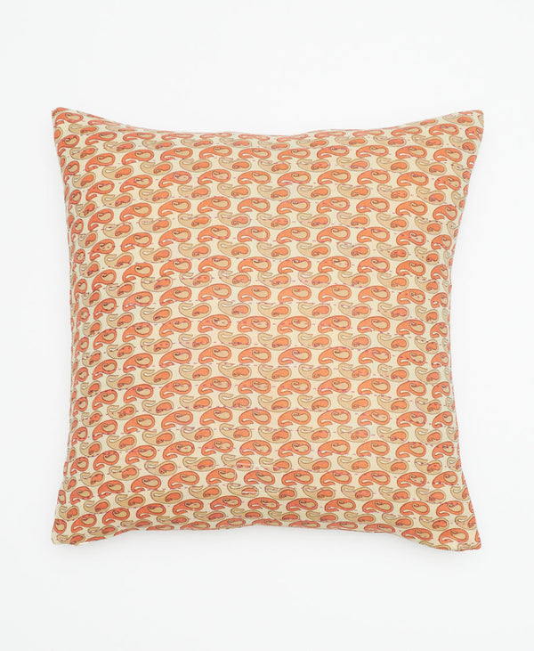 fairtrade orange cotton accent pillow sustainably made using layers of recycled vintage saris handstitched together with pink kantha stitching 