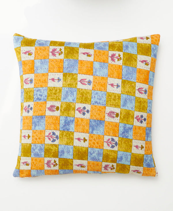 two sided pillow with checkered pattern made from upcycled vintage cotton sari fabrics