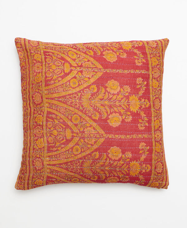 Burgundy vintage kantha throw pillow featuring a muted yellow vintage floral design 