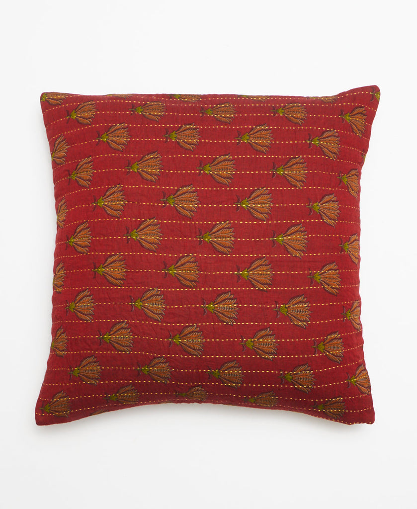 Burgundy vintage Kantha throw pillow featuring a beige and green fan floral print 
