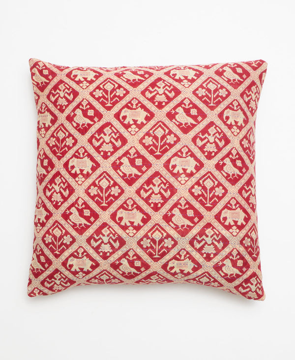 Red vintage kantha throw pillow featuring a beige diamond print with elephant, bird, and floral prints through out