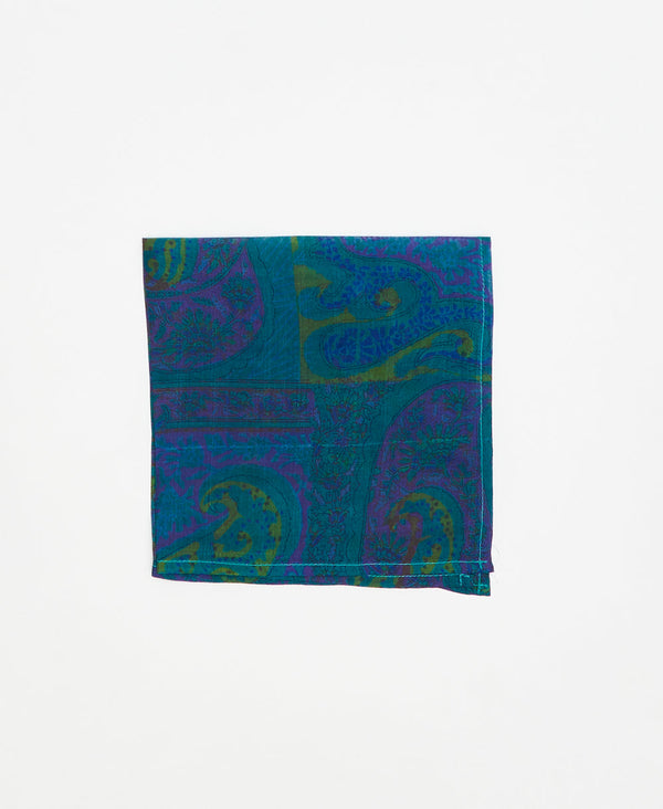 blue, green, and purple paisley silk pocket square made of recycled vintage silk saris