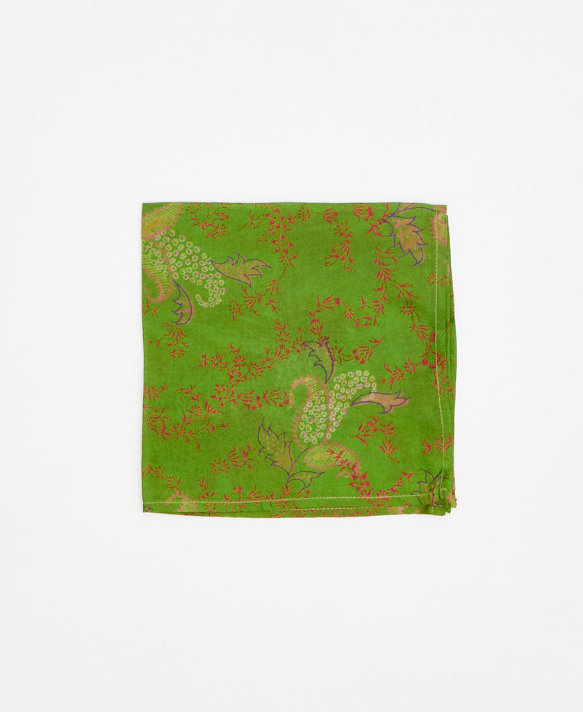 neon green pocket square with purple and red floral details, made of upcycled vintage silk saris