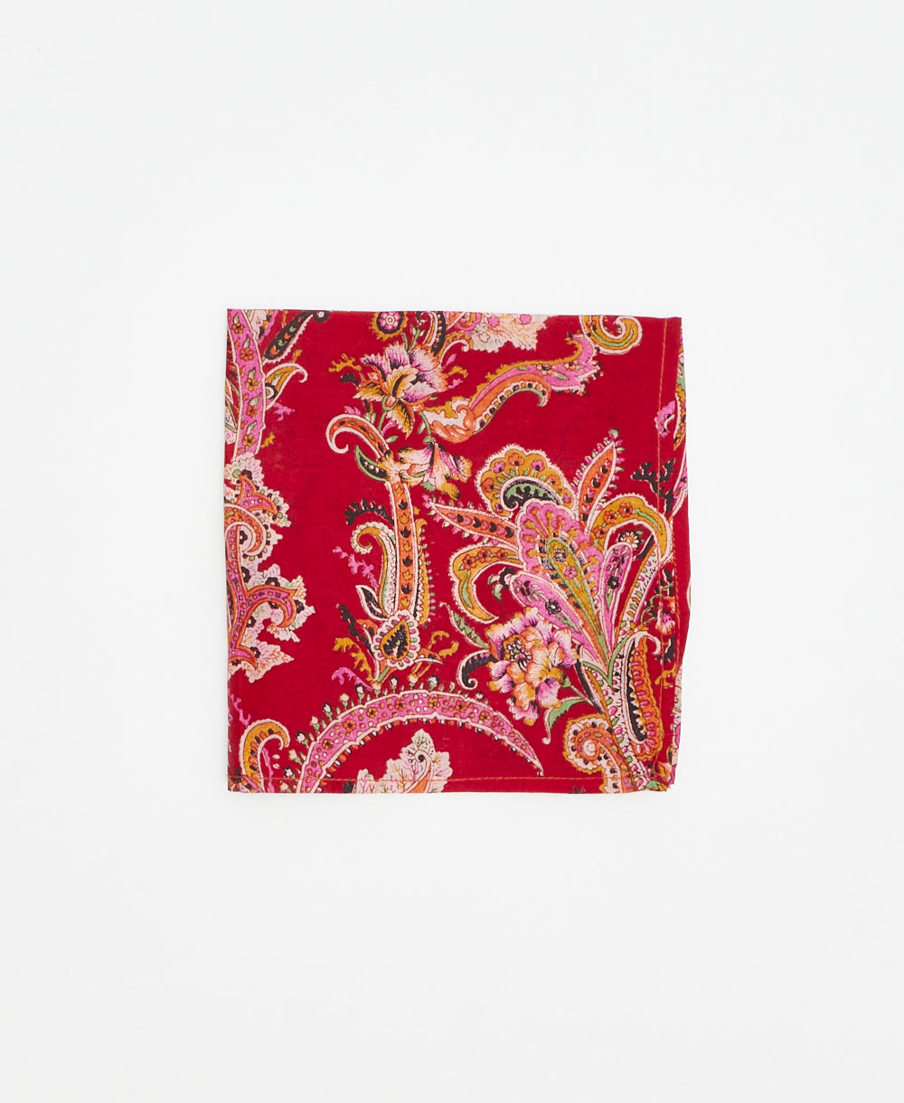 red and pink paisley pocket square made of recycled vintage silk saris 