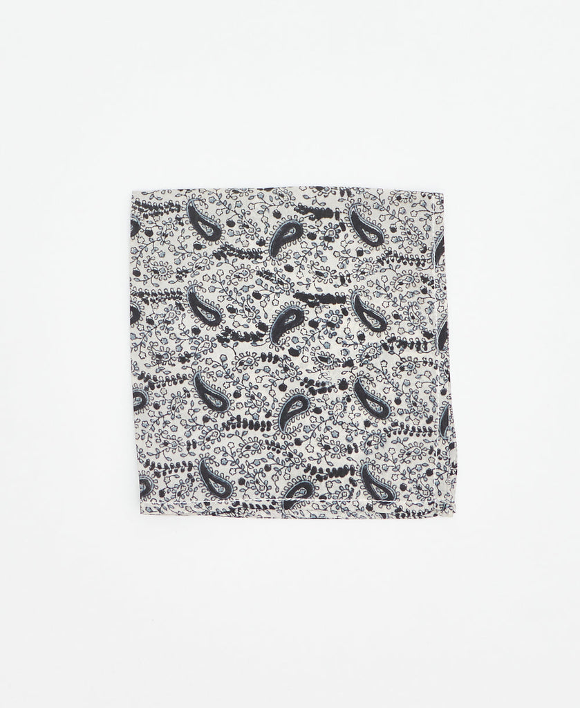 black and white paisley pocket square made of recycled vintage silk saris 