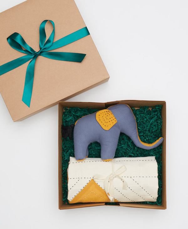 ethical new baby boxed gift set with small quilt and stuffed animal