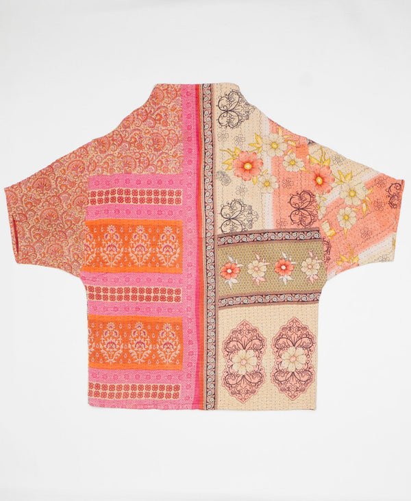 Pink, orange, and beige floral print artisan-made cocoon jacket featruing Kantha stitching 