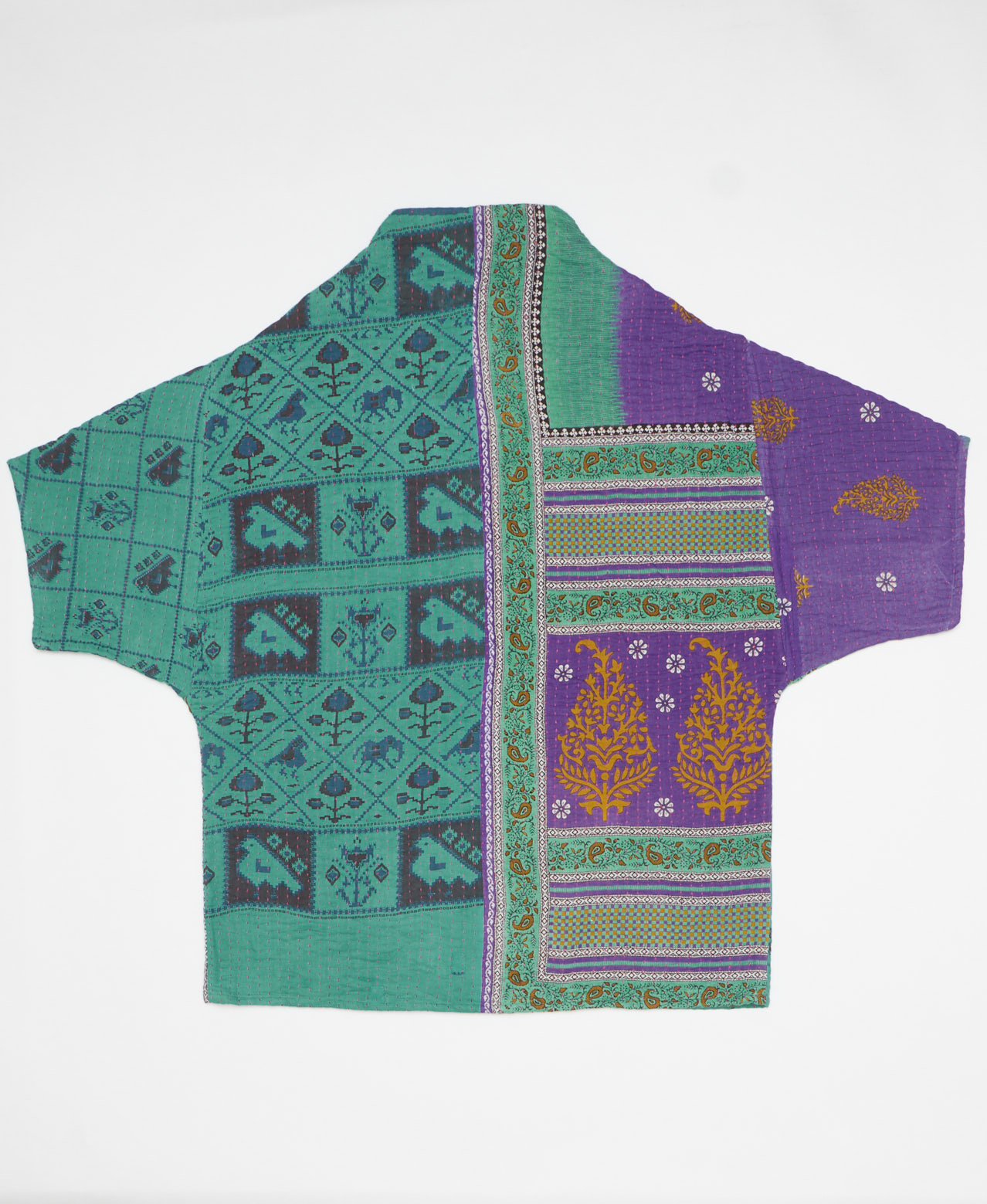 Purple and teal abstract print artisan-made cocoon jacket featruing Kantha stitching 